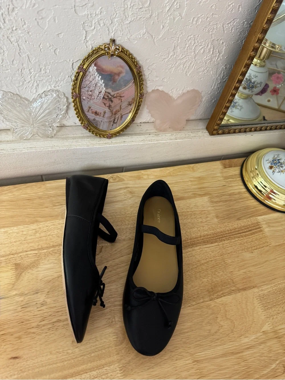 Quince Black Leather Mary Jane Ballet Flats Bow Slip-On Shoes Size 7 BalletCore